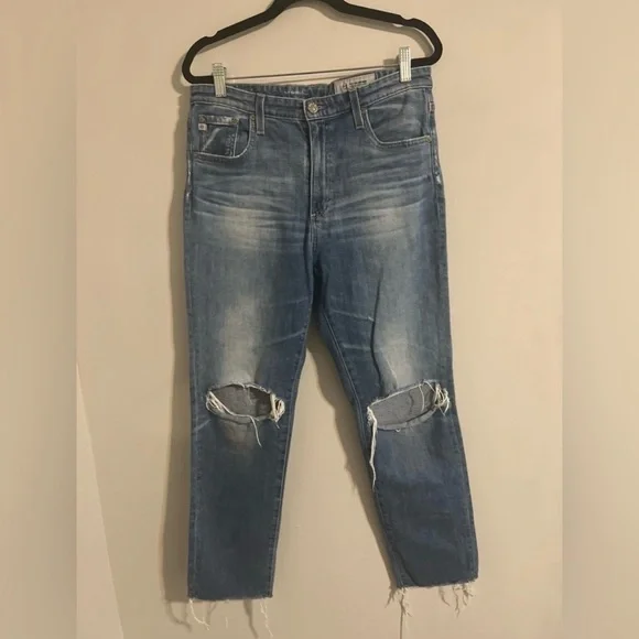 AG Adriano Goldschmied Light Blue High-Rise Cropped Jeans with Knee Rips - Picture 3 of 8
